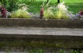 On the edge of the elevated terrace overlooking the park is a concrete long flowerpot with a concrete bench. is part of the city c