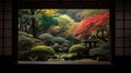 The edge and the garden seen from the Japanese room. Generative Ai Royalty Free Stock Photo