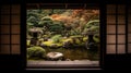 The edge and the garden seen from the Japanese room. Generative Ai Royalty Free Stock Photo