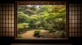 The edge and the garden seen from the Japanese room. Generative Ai Royalty Free Stock Photo