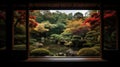 The edge and the garden seen from the Japanese room. Generative Ai Royalty Free Stock Photo