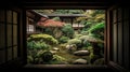 The edge and the garden seen from the Japanese room. Generative Ai Royalty Free Stock Photo