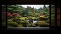 The edge and the garden seen from the Japanese room. Generative Ai Royalty Free Stock Photo