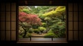 The edge and the garden seen from the Japanese room. Generative Ai Royalty Free Stock Photo