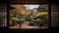 The edge and the garden seen from the Japanese room. Generative Ai Royalty Free Stock Photo