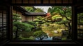 The edge and the garden seen from the Japanese room. Generative Ai Royalty Free Stock Photo