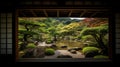 The edge and the garden seen from the Japanese room. Generative Ai Royalty Free Stock Photo