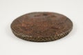 Edge of an old Russian copper coin of the 18th century on white Royalty Free Stock Photo