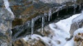 The edges of the ice casing reveal glimpses of a frozen world below with jagged icicles hanging precariously from rocky