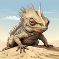 Edgy Caricature Illustration Of A Horned Lizard Slithering In The Desert