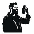 Edgy Caricature: Silhouette Of A Joyful Man Drinking Beer