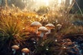 edible armillaria mushrooms in forest on sunny summer day. Generative AI illustration