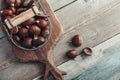 Edible chestnuts in a metal basket