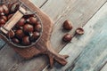 Edible chestnuts in a metal basket