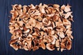 Edible dried mushrooms pile black wooden background close up, dry boletus edulis heap dark wood backdrop chopped brown cap boletus Royalty Free Stock Photo