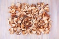 Edible dried mushrooms pile light wooden background close up top view, dry boletus edulis heap wood backdrop, brown cap boletus