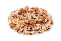 Edible dried mushrooms round pile white background closeup, dry boletus edulis circle heap, chopped brown cap boletus, sliced