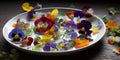 Edible flowers, field pansies, violets on white plate on wooden background. Close up Royalty Free Stock Photo