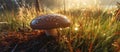 edible mushroom in dew drops in grass in forest on sunny summer day. Generative AI illustration