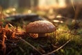 edible mushroom in dew drops in grass in forest on sunny summer day. Generative AI illustration Royalty Free Stock Photo