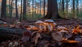 Edible mushroom growth in uncultivated autumn forest generated by AI