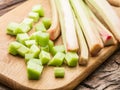 Edible rhubarb stalks.