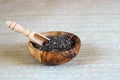 Edible seeds of chia, Salvia hispanica, a flowering plant of the mint family. Close-up. Chia seeds in a plate of natural olive