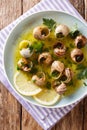 Edible snails, escalgot with butter, herbs and garlic close-up o Royalty Free Stock Photo