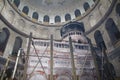 Edicule and Rotunda in The Church of the Holy Sepulchre, Christ`s tomb, in the Old City of Jerusalem, Israel Royalty Free Stock Photo