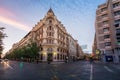 Edificio Banco Central Building and Gran Via de Colon Street at sunset - Granada, Andalusia, Spain