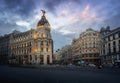 Edificio Metropolis Building at sunset at Calle de Alcala and Gran Via Streets - Madrid, Spain Royalty Free Stock Photo