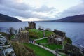 EDIMBURGH, UNITED KINGDOM - Feb 04, 2020: Aerial shot of the ruins of Urquhart Castle, Edinburgh under cloudy sky