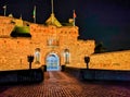 Edinburgh castle at night with the historic red Lion rampant crest - Translation of the latin Nemo me impune lacessit