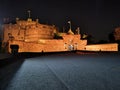 Edinburgh castle at night with the historic red Lion rampant crest - Translation of the latin Nemo me impune lacessit