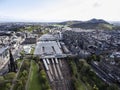 Edinburgh city historic Waverley Train Station Rail way sunny Day Aerial shot 2 Royalty Free Stock Photo