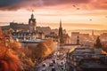 Edinburgh cityscape at sunset, Scotland, United Kingdom, UK, View of Edinburgh Castle, Balmoral Hotel and Princes Street from