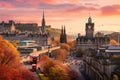 Edinburgh cityscape at sunset, Scotland, United Kingdom, View of Edinburgh Castle, Balmoral Hotel and Princes Street from Calton