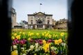 Edinburgh, Scotland - April 27, 2017: Headquarters of the Royal bank of scotland seen through the fence, with flower Royalty Free Stock Photo