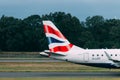 EDINBURGH, SCOTLAND - AUGUST 30th 2019: Detail of the tail of an British Airways passenger airplane after landing in the airport