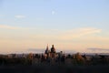 Edinburgh, Scotland. Cityscape view look from Edinburgh castle in evening seeing the moon over old buildings Royalty Free Stock Photo