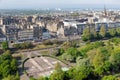 Cityscape Edinburgh with Princes Street gardens, Aerial view from castle