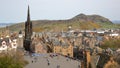 EDINBURGH, SCOTLAND - MAY 6, 2016:General view of Edinburgh from Edinburgh Castle with Holyrood Park and Arthur`s Seat Royalty Free Stock Photo