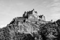 Edinburgh Castle  on top of the Castle Rock in black and white Royalty Free Stock Photo