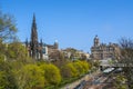 View of Edinburgh city center with Scott Monument, a Victorian Gothic monument to Scottish Sir Walter Scott, and Princes Street