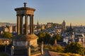 Edinburgh sunset view with Dugald Steward Monument and Edinburgh Castle in the background, Scotland, United Kingdom. Royalty Free Stock Photo