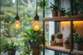 Warm Edison Bulbs Over Indoor Plant Collection AI Generated