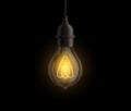 Edison light bulb realistic. Vintage glowing lamp. Bright yellow glowing decor 3d single element. Retro electrical equipment, Royalty Free Stock Photo