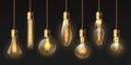 Edison light bulbs. Hanging vintage pendant copper lamps with glowing lightbulb filament. 3d decorative bulb on