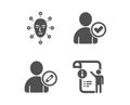 Edit user, Identity confirmed and Face biometrics icons. Manual doc sign. Vector