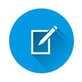 Edit vector icon on on blue background. Document pencil edit. Flat image with long shadow